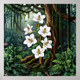 Majestic White Lily in Enchanted Jungle Art ポスター