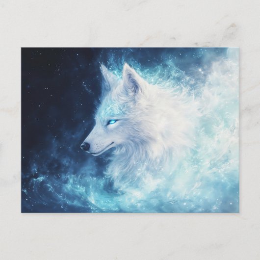 Majestic White Wolf in Luminous Blue Nebula ポストカード (正面)