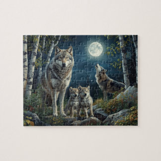 Majestic Wolf Family Full Moon Birch Forest ジグソーパズル