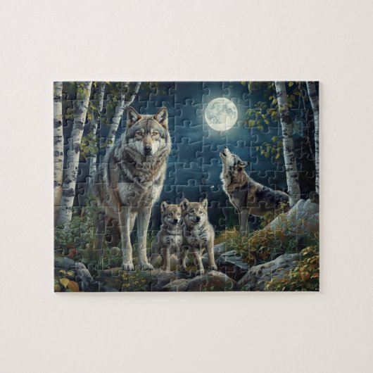 Majestic Wolf Family Full Moon Birch Forest ジグソーパズル (横)