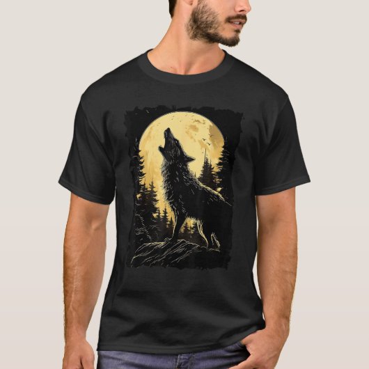 Majestic Wolf Howling Full Moon Light Night Sky Wo Tシャツ (正面)