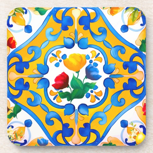Majolica，青いタイル，シチリアのタイル，セラミックタイル コースター (正面)