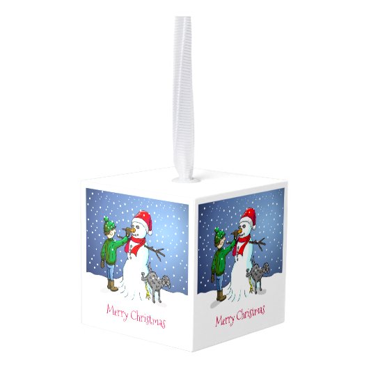 Make a snowman while the snow is falling キューブオーナメント (裏面アングル)