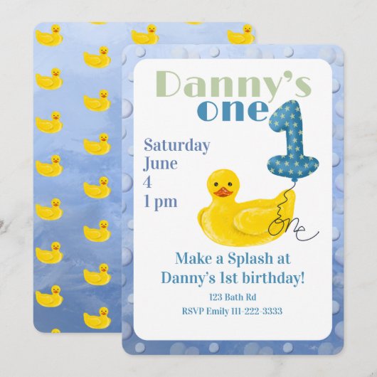 Make a Splash Rubber Duck 1st Birthday Invitation 招待状 (正面/裏面)