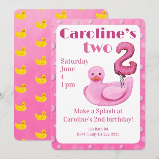 Make a Splash Rubber Duck 2nd Birthday Invitation 招待状 (正面/裏面)