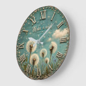 Make a Wish Dandelion Rustic Farmhouse Floral ラージ壁時計 (傾斜)