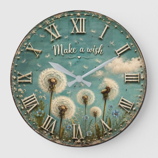 Make a Wish Dandelion Rustic Farmhouse Floral ラージ壁時計 (正面)