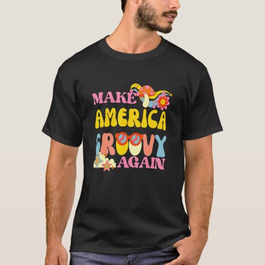 Make America Groovy Again 70sレトロピースフラワーH Tシャツ (正面)