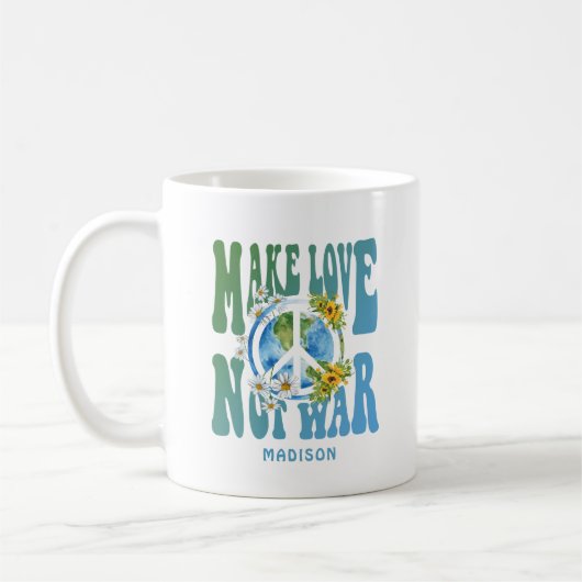 Make Love Not Warフローラ世界平和サイン名前の追加 コーヒーマグカップ (左)