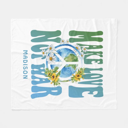 Make Love Not Warフローラ世界平和サイン名前の追加 フリースブランケット (正面(横))