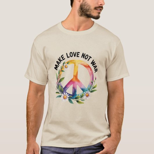 Make Love Not War Peace Sign and Flowers Tシャツ (正面)
