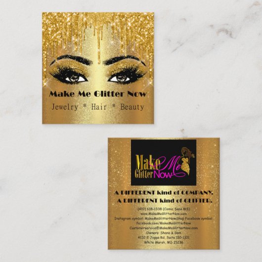 Make Meグリッター金ゴールドロゴドリップVIP金ゴールドメイクアップ スクエア名刺 (正面/裏面)