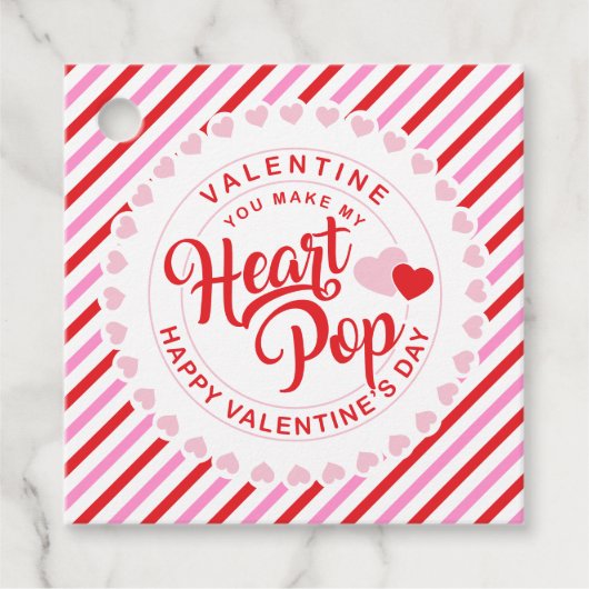 Make My Heart Pop Valentine Pink and Red Stripe フェイバータグ (正面)