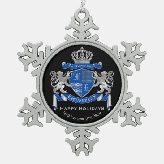 Make Your Own Coat of Arms Blue Silver Lion Emblem スノーフレークピューターオーナメント (正面)