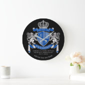 Make Your Own Coat of Arms Blue Silver Lion Emblem ラージ壁時計 (ホーム)