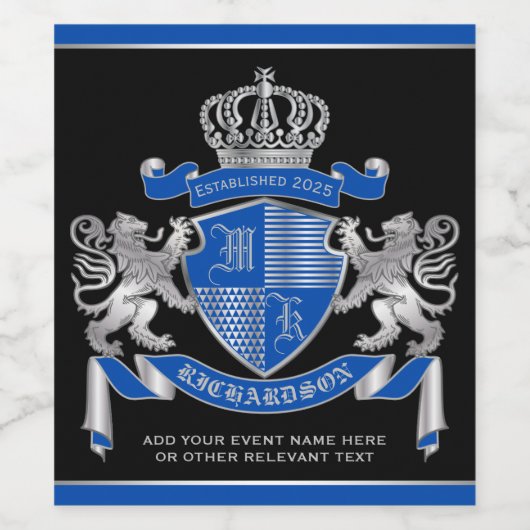 Make Your Own Silver Lion Emblem Coat of Arms Blue ワインラベル (シングルラベル)