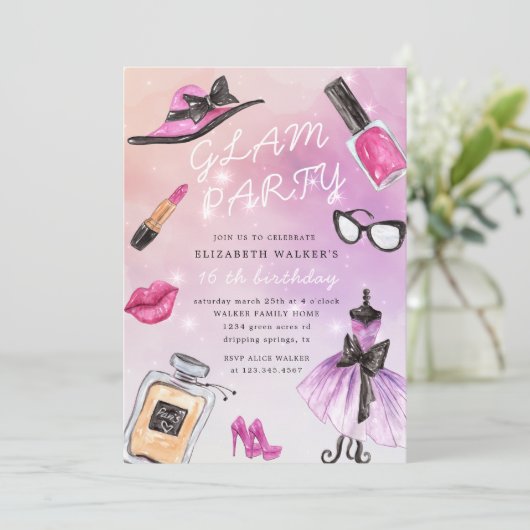 Makeover Glam Sparkle Birthday Party招待 招待状 (スタンド正面)