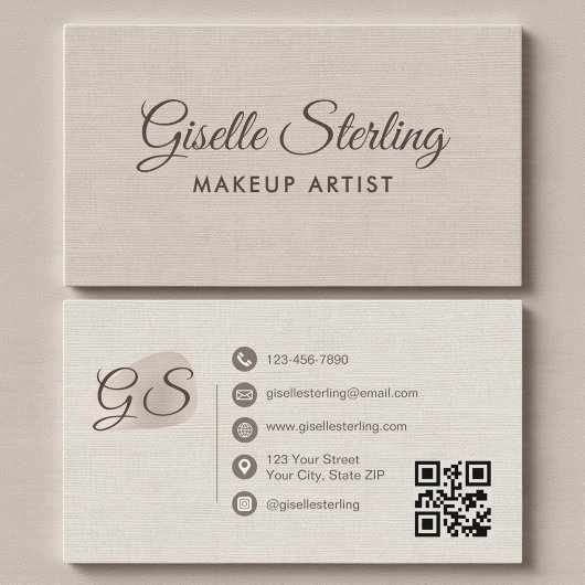 Makeup Artist Beige Linen Modern Elegant QR Code 名刺