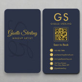 Makeup Artist Monogram Navy Blue Gold QR Code 名刺