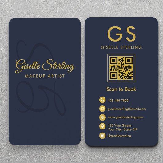 Makeup Artist Monogram Navy Blue Gold QR Code 名刺