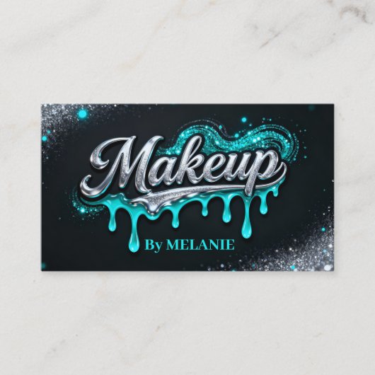 Makeup Artist Teal Silver Drips Trendy Glitter 名刺 (正面)