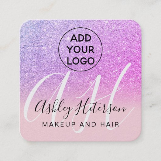 Makeup Pink purple glitter logo monogram スクエア名刺 (正面)