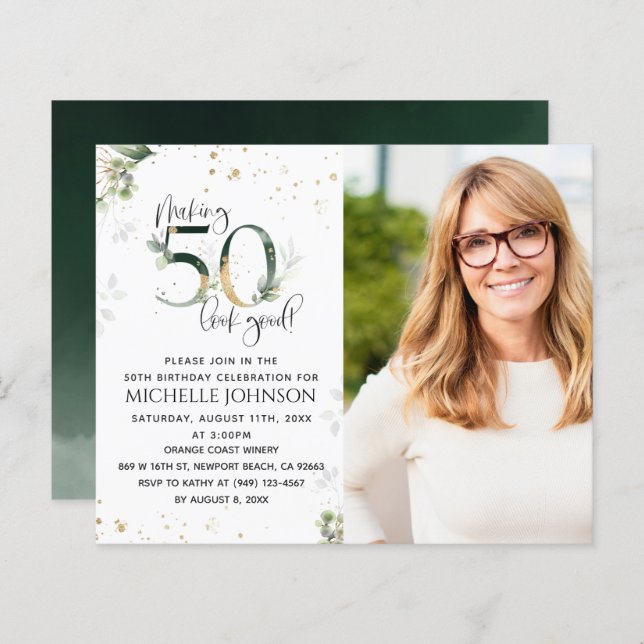Making 50 Look Good金ゴールドフォト誕生日招待状 (正面/裏面)