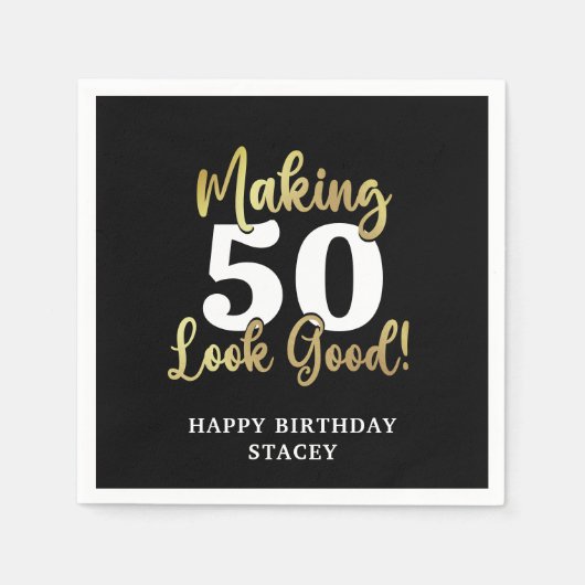 MAKING AGE LOOK GOODブラック金ゴールド誕生日 スタンダードカクテルナプキン (正面)