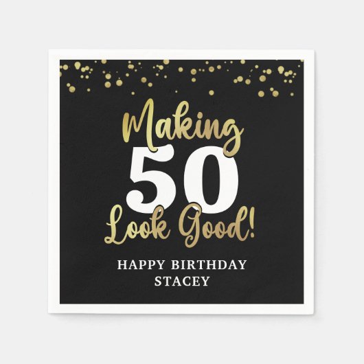 MAKING AGE LOOK GOODブラック金ゴールド誕生日 スタンダードカクテルナプキン (正面)
