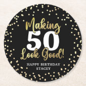 MAKING AGE LOOK GOODブラック金ゴールド誕生日 ラウンドペーパーコースター (正面)