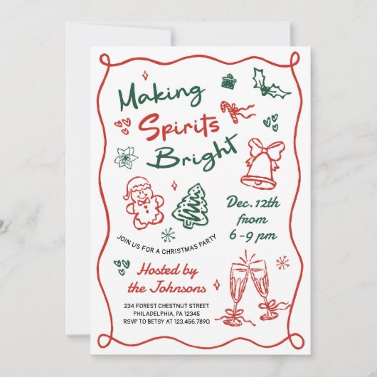 Making Spirits Bright Hand Drawn Christmas Party 招待状 (正面)