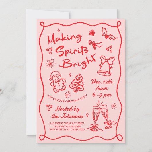 Making Spirits Bright Hand Drawn Christmas Party 招待状 (正面)