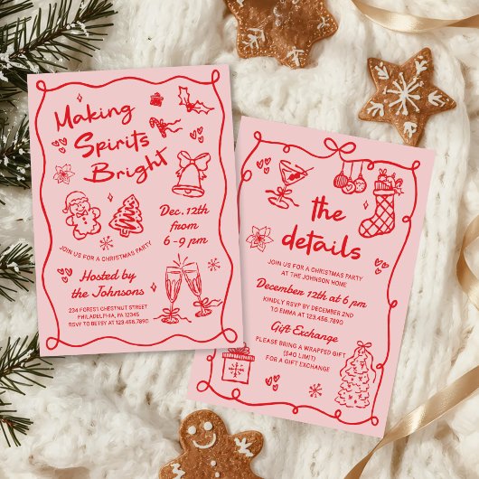 Making Spirits Bright Hand Drawn Christmas Party 招待状