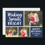 Making Spirits Bright Navy Script Photo Collage シーズンカード<br><div class="desc">水平の休日の写真カードデザインは、ネイビーの青い背景を備えカスタマイズている（可能な）と「スピリッツを明るくするスタイリッシュ」ブラシ付きスクリプトレタリング。家族のカスタム名前と年で文字をカスタマイズし、3枚の写真をフォトコラージュお気に入りのテンプレートに追加する。カードの背面に白い雪の点のパターンが表示される。写真© Storytree Studios,  Stanford,  CA</div>