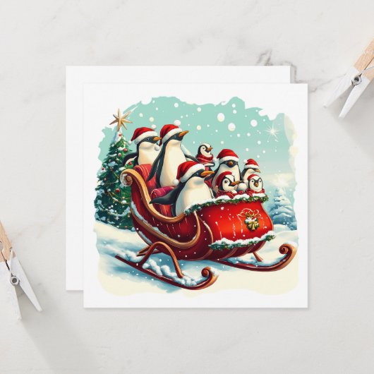 MAKOM1000-Christmas - Penguins in Christmas Sleigh カード (正面/裏面インサイチュ)