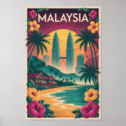 Malaysia Landscape Illustration Travel Art Vintage ポスター (正面)