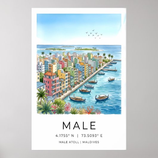 Maldives Travel Poster, Illustrated Cityscape ポスター (正面)