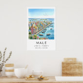 Maldives Travel Poster, Illustrated Cityscape ポスター (キッチン)