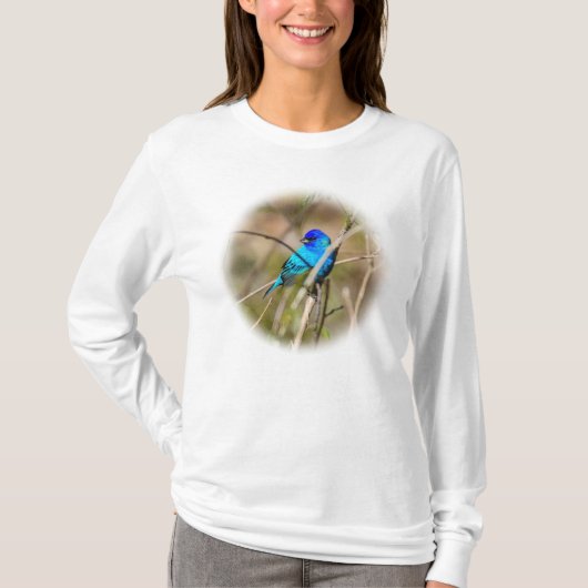 Male Indigo Bunting Songbird L/S T-Shirt Tシャツ (正面)