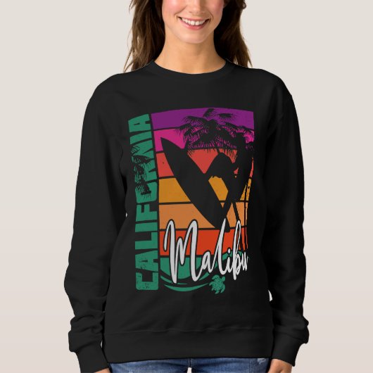 Malibu California Retro Sunset Beach Surfer Surfin スウェットシャツ (正面)
