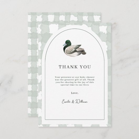 Mallard Duck Baby Shower Gender Neutral Green サンキューカード (正面/裏面)