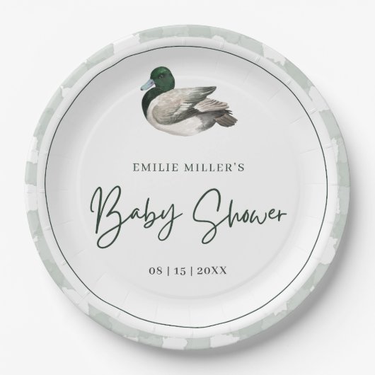 Mallard Duck Baby Shower Gender Neutral Green ペーパープレート (正面)