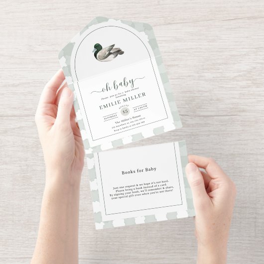 Mallard Duck Baby Shower Invitation, Neutral Green オールインワン招待状 (切り取り部)