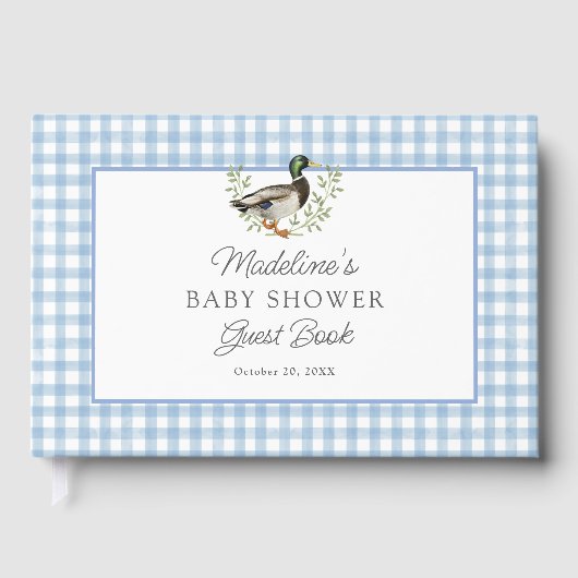 Mallard Duck Blue Gingham Baby Shower ゲストブック (正面)