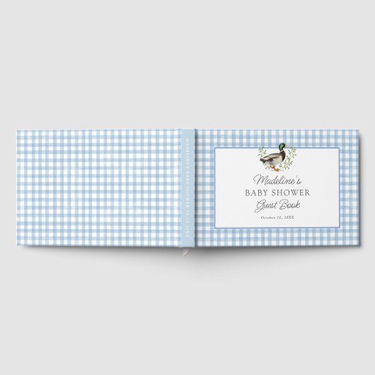 Mallard Duck Blue Gingham Baby Shower ゲストブック (全面)