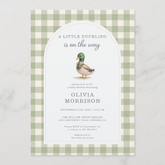 Mallard Duck Gingham All in One Baby Shower 招待状 (正面)