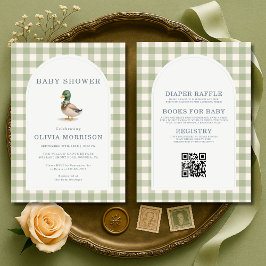Mallard Duck Gingham All in One Baby Shower 招待状