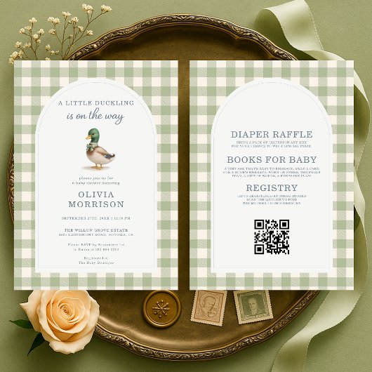 Mallard Duck Gingham All in One Baby Shower 招待状