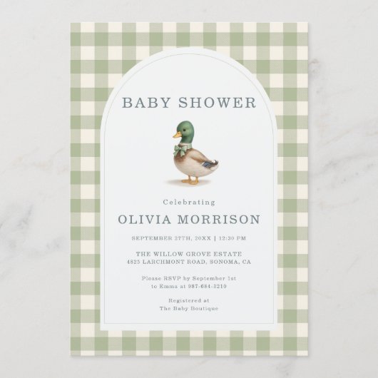Mallard Duck Gingham All in One Baby Shower 招待状 (正面)