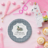 Mallard Duck Hunting Blue Gingham Boy Baby Shower ペーパープレート (パーティー)